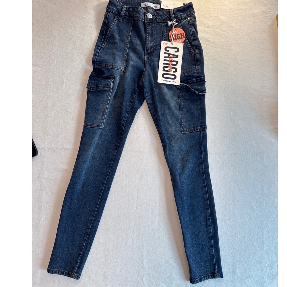 YMI High Rise Cargo Jeans Dark Wash Skinny Utility Pants Size 3/26 NEW